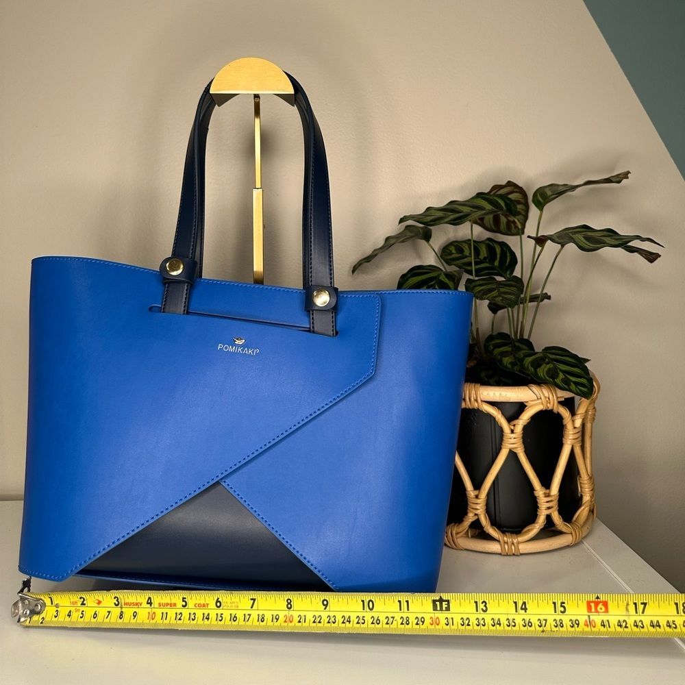 Origami by POMIKAKI Italy Blue Geometric Tote Bag Modern Vegan Leather Handbag - Picture 2 of 11